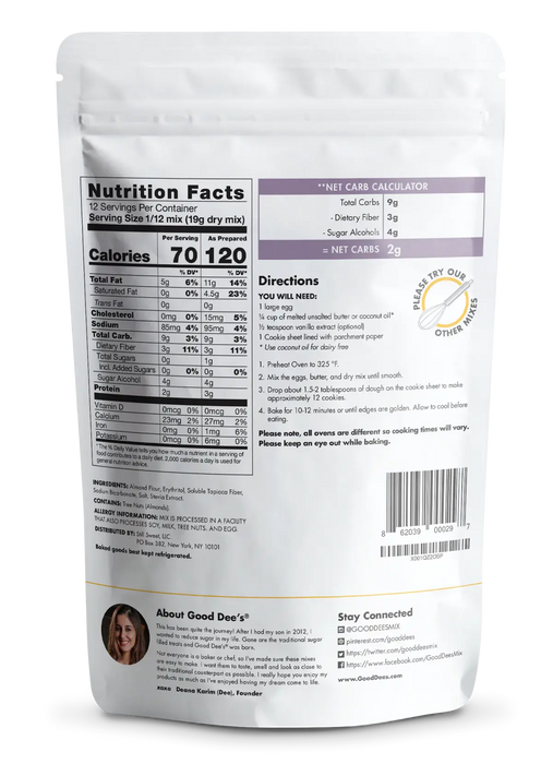 nutritional info of Good Dee's Sugar (free) Cookie Baking Mix, 225g