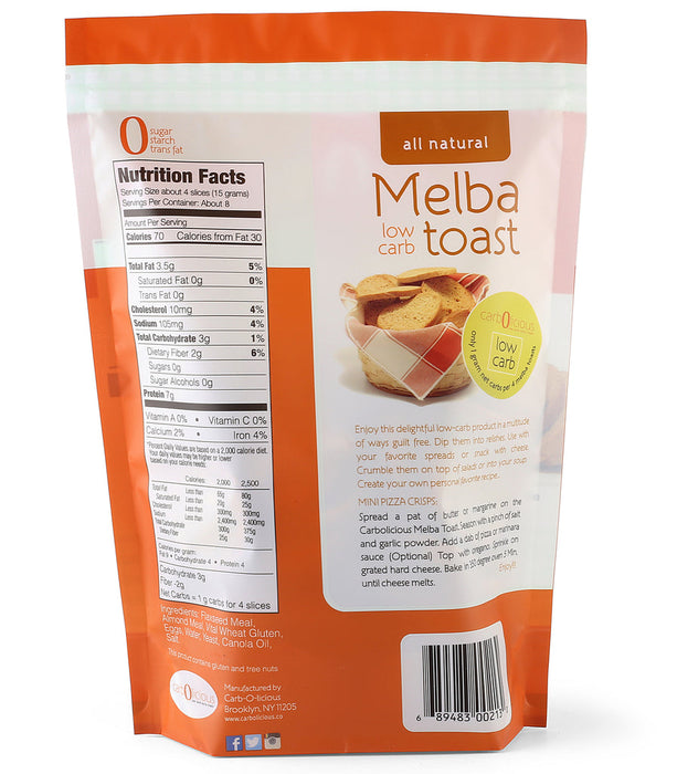 nutritional info of Carb-O-Licious Melba Toast Plain, 113g