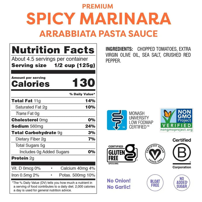 Fody Foods Spicy Marinara Nutrional Information and ingredients