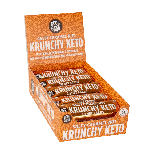 a box of Good Good Krunchy Keto Salty Caramel Nut Bars