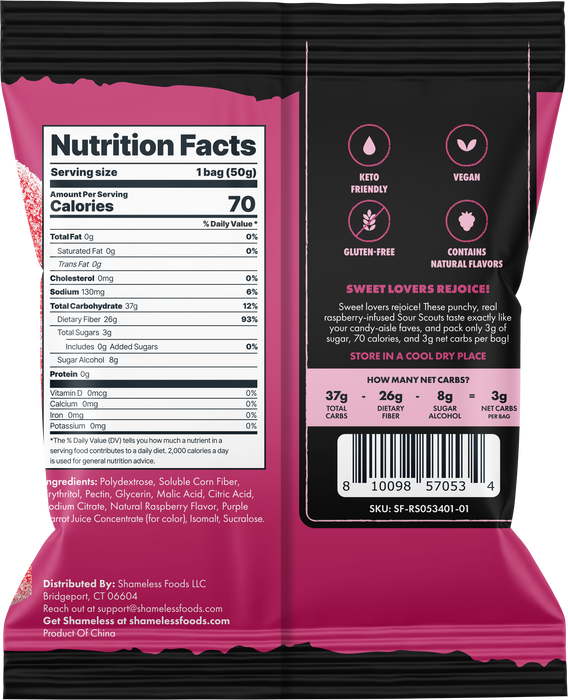 Shameless Snacks Red Raspberry Sour Scouts Nutritional Information
