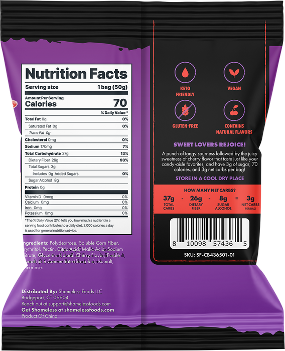 Shameless Snacks Super Sour Cherry Bombs Nutritional Information
