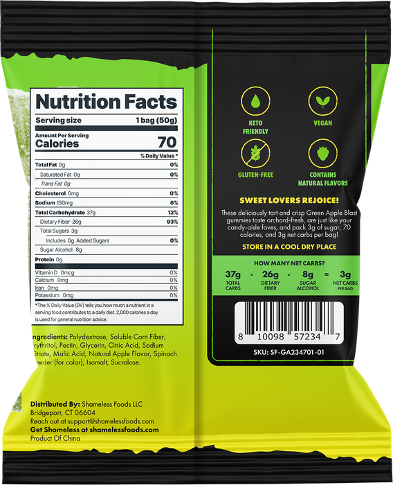 Shameless Snacks Green Apple Gummies Nutritional Information