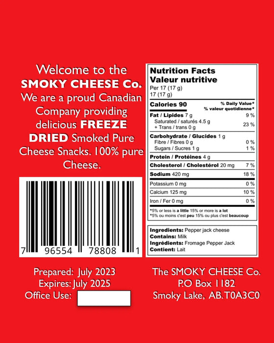 Smoky Cheese Co Freeze Dried Pepper Jack Nutritional Information.  