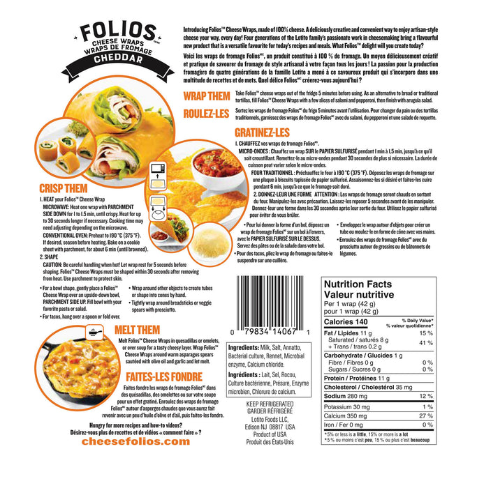 backside of Folios Cheddar Cheese Wraps packet