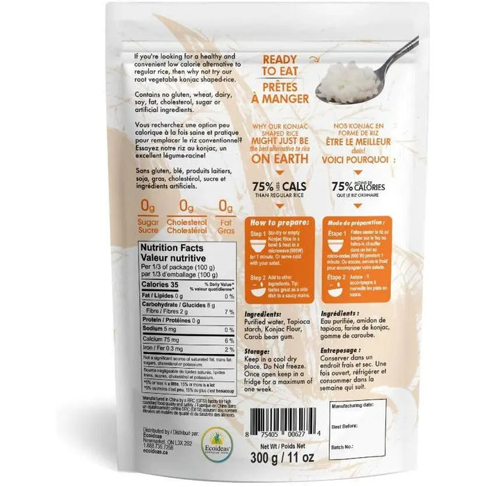 backside of Better Than Foods Rice Shaped Konjac (Non Drain & Odorless), 300g, along with nutritional info.