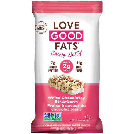 Love Good Fats White Chocolatey Strawberry Chewy Nutty Bar, 40g Love Good Fats