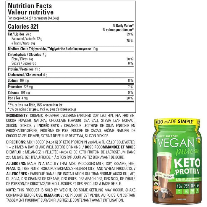 Vegan Pure Chocolate Keto Protein Powder, 411g Vegan Pure
