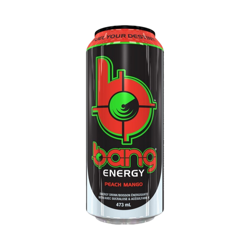 a can of Bang Peach Mango Energy Drink, 473ml.