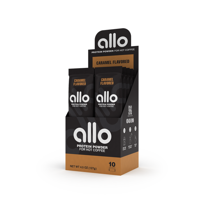 a carton of allo caramel flavoured protein powder.
