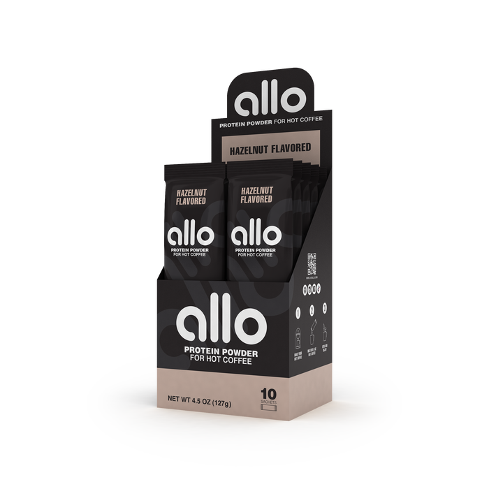 a carton of allo hazelnut flavoured protein powder.