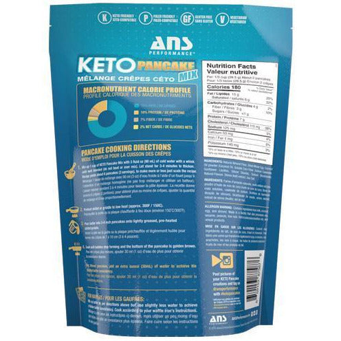 The backside of ANS Performance Blueberry Keto Pancake Mix packet.