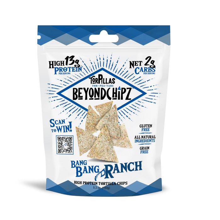 a bag of Beyond Chipz Bang Bang Ranch, 150g.