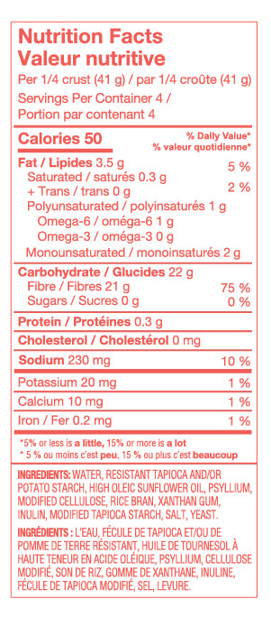nutritional info of Carbonaut Thin Gluten-Free 10" Pizza Crust