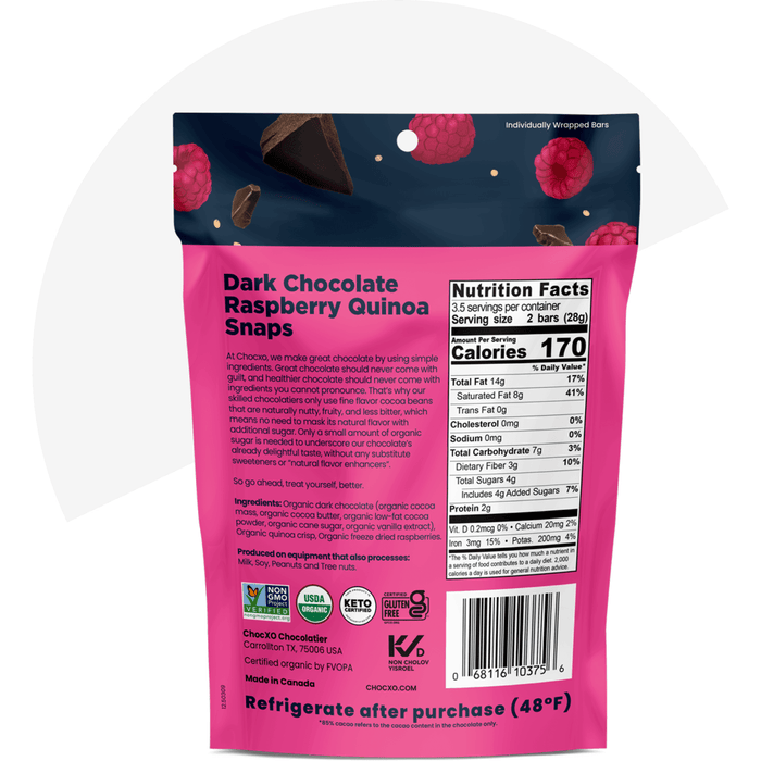back of ChocXO Keto Choc Snaps Dark Chocolate Raspberry & Quinoa, 98g