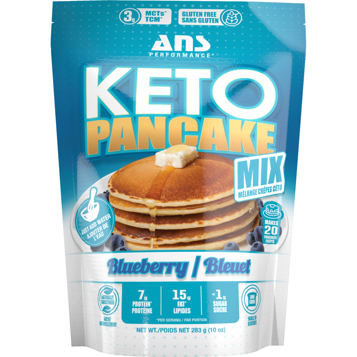A packet of ANS Performance Blueberry Keto Pancake Mix, 283g