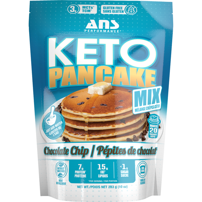 A packet of ANS Performance Chocolate Chip Keto Pancake Mix, 283g.