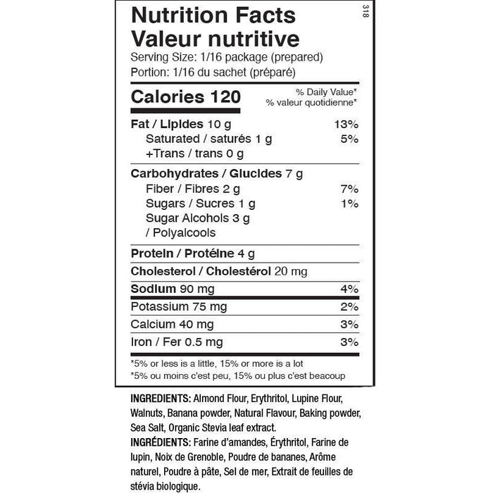 Nutritional facts for A packet of ANS Performance Keto Banana Nut Bread Cake Mix.