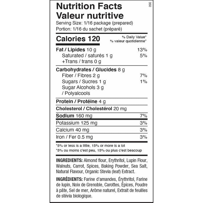 Nutritional facts for ANS Performance Keto Carrot Cake Mix.