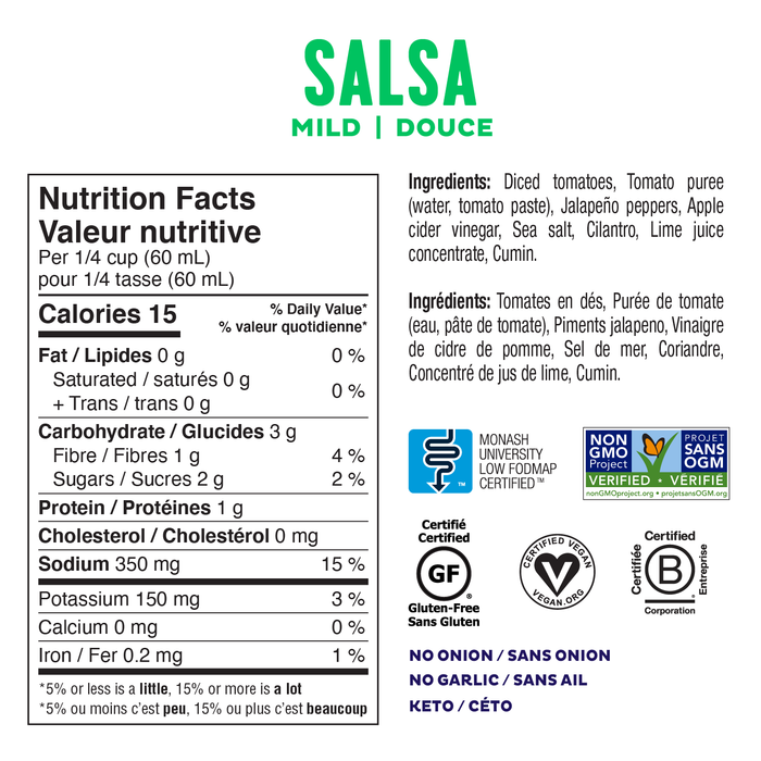 nutritional value and ingredients for Fody Foods Mild Salsa