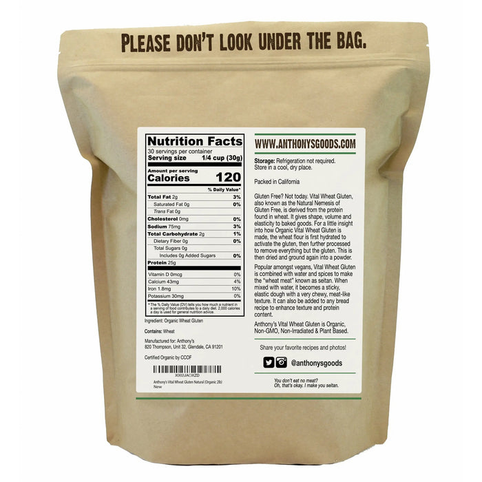 the back of Anthony's Goods Premium Vital Wheat Gluten, 1.81kg bag.