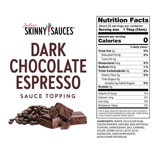 Skinny Mixes Dark Chocolate Espresso Sauce, 354ml. Enhance your favorite deserts with our new Skinny Dark Chocolate Espresso Sauce drizzle topping! Zero Calories, Zero Sugar, No Carbs. 0 Calories. 0 Sugar. 0 Carbs. 750 ml/25.4 fl. oz. Bottle - 25 Servings! Gluten Free & Kosher. Keto-Friendly.