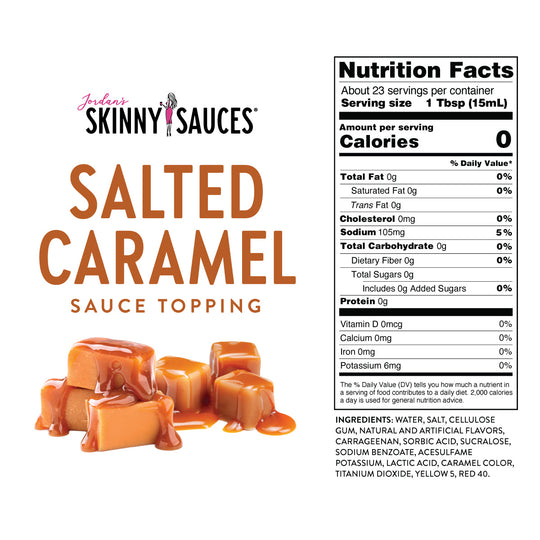 Skinny Mixes Salted Caramel Sauce, 354ml. Enhance your favorite deserts with our new Skinny Salted Caramel Sauce drizzle topping! Zero Calories, Zero Sugar, No Carbs. 0 Calories. 0 Sugar. 0 Carbs. 750 ml/25.4 fl. oz. Bottle - 25 Servings! Gluten Free & Kosher. Keto-Friendly.