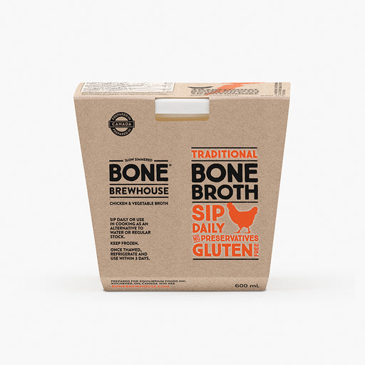 a box of Bone Brewhouse Traditional Chicken and Vegetable Bone Broth, 600ml.