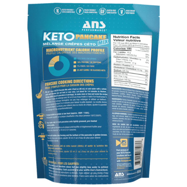 The backside of ANS Performance Buttermilk Keto Pancake Mix packet, 283g.