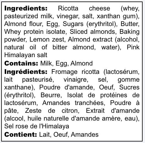 ingredients of Caveman Cafe Almond Ricotta Cake, 1 slice