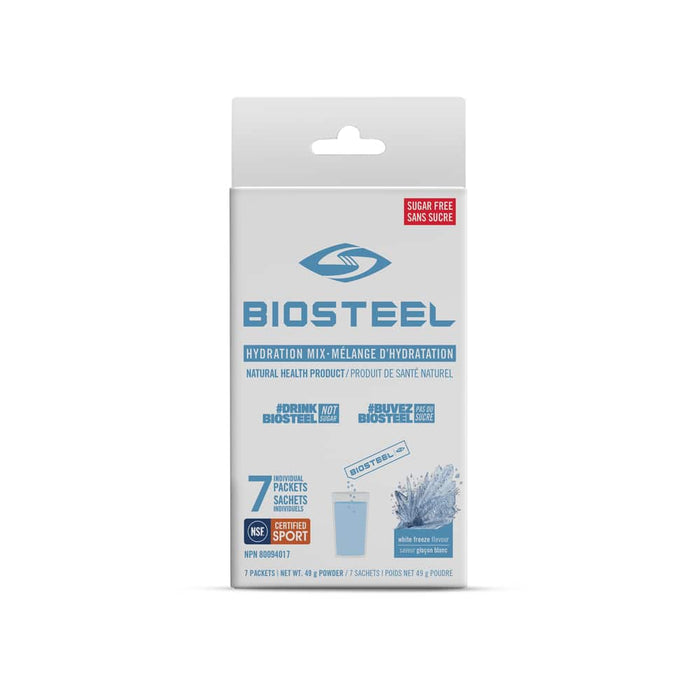 a packet of BioSteel Sports White Freeze Hydration Mix, 7x49g