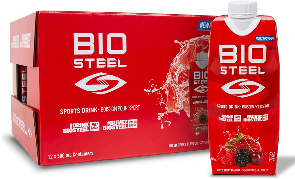 a box and carton of BioSteel Sports Drink Mixed Berry, 500ml.