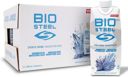 a box and carton of BioSteel Sports Drink White Freeze, 500ml