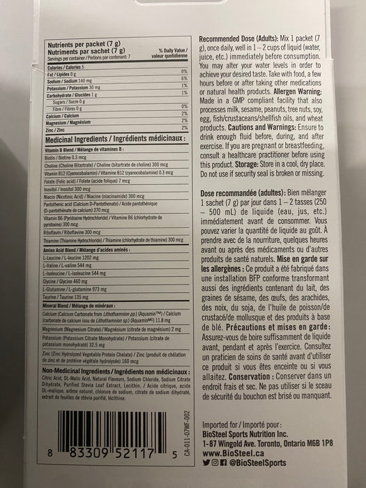 nutritional info of BioSteel Sports White Freeze Hydration Mix, 7x49g
