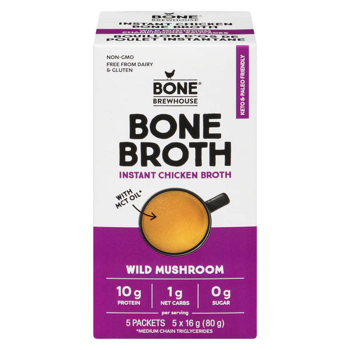 a box of Bone Brewhouse Instant Chicken Bone Broth Wild Mushroom, 5x16g Packets