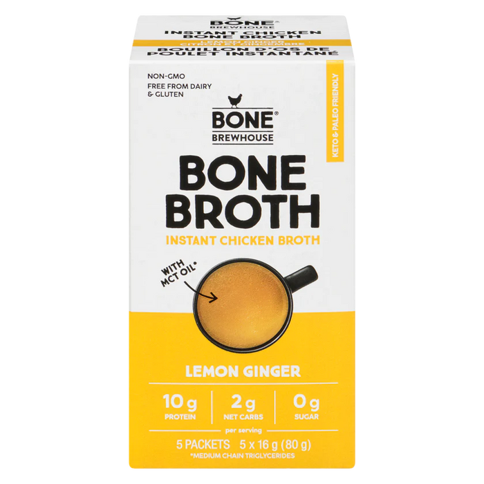 a box of Bone Brewhouse Instant Chicken Bone Broth Lemon Ginger, 5x16g Packets