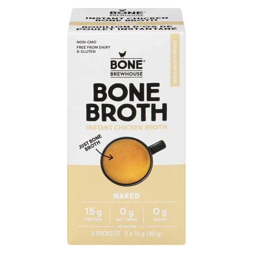 a box of Bone Brewhouse Instant Chicken Bone Broth Naked, 5x16g Packets