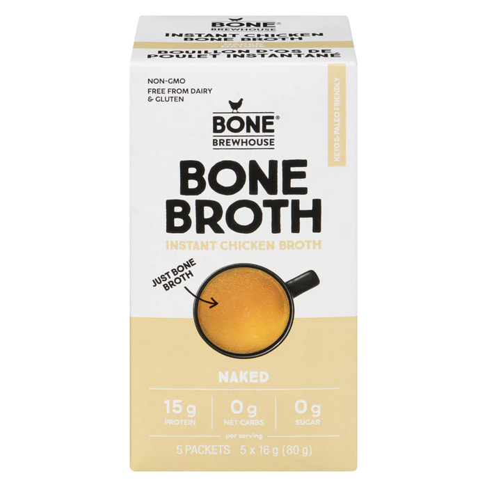 a box of Bone Brewhouse Instant Chicken Bone Broth Naked, 5x16g Packets