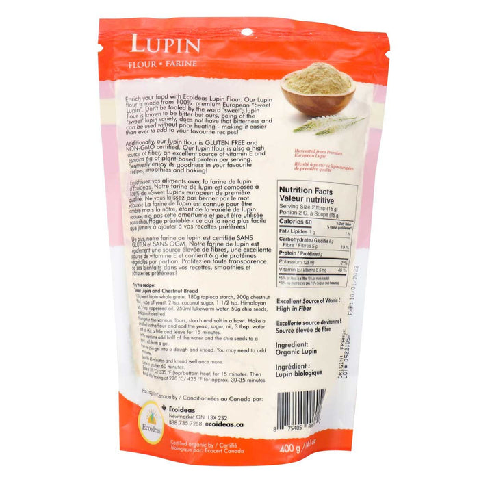 back of Ecoideas Lupin Flour Organic, 400g bag