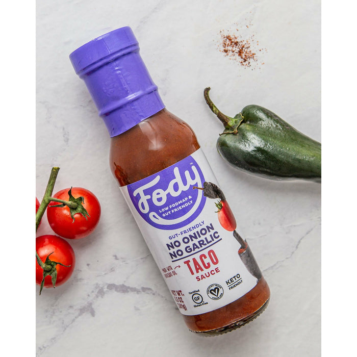 bottle of Fody Foods Taco Sauce with tomatoes