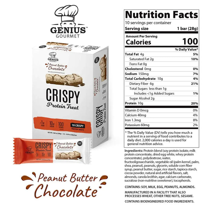 Genius Gourmet Peanut Butter Chocolate Crispy Protein Treat, 28g Genius Gourmet
