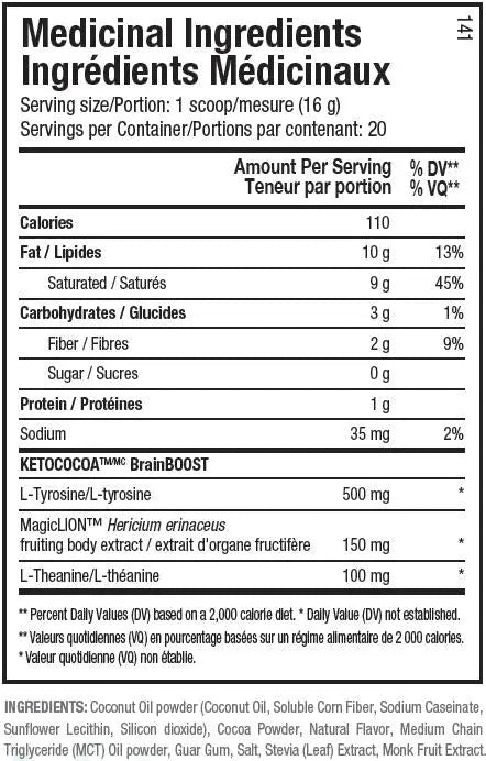Nutritional facts for ANS Performance Keto Hot Chocolate Mix.