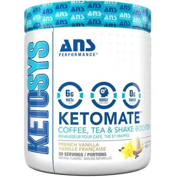 A tub of KetoMate Coffee Booster - French Vanilla, 20 servings.