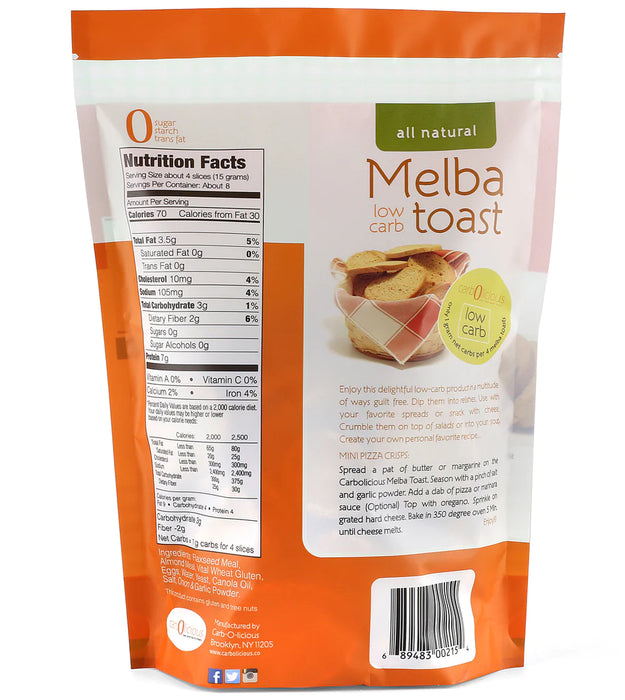 nutritional facts of Carb-O-Licious Melba Toast Onion & Garlic, 113g