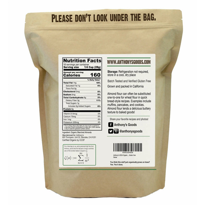 the back of Anthony's Goods Premium Extra Fine Almond Flour bag.