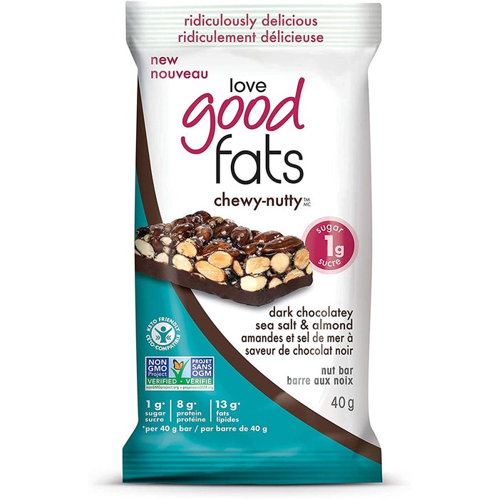 Love Good Fats Dark Chocolatey Sea Salt & Almond Chewy Nutty Bar, 40g