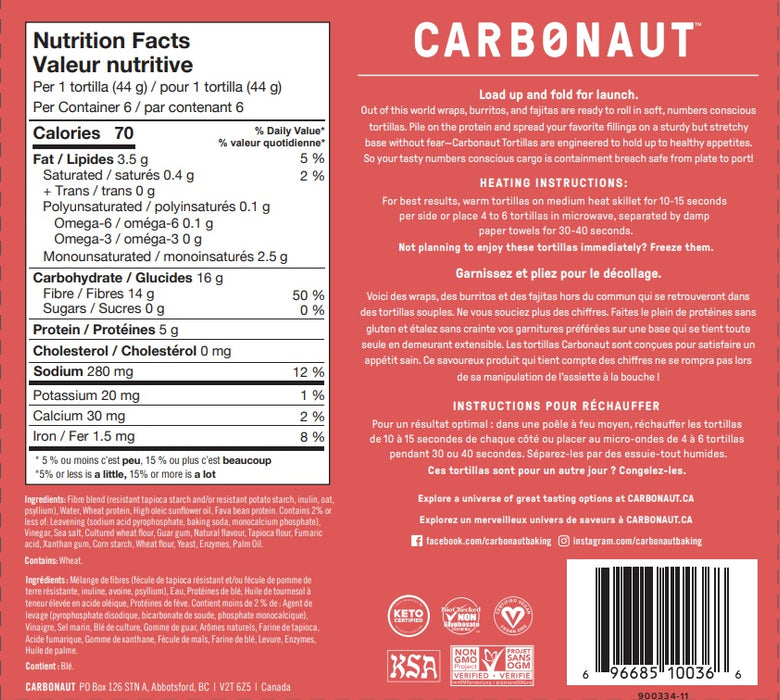 nutritional info of Carbonaut Original Tortillas, 6 Wraps x 44g